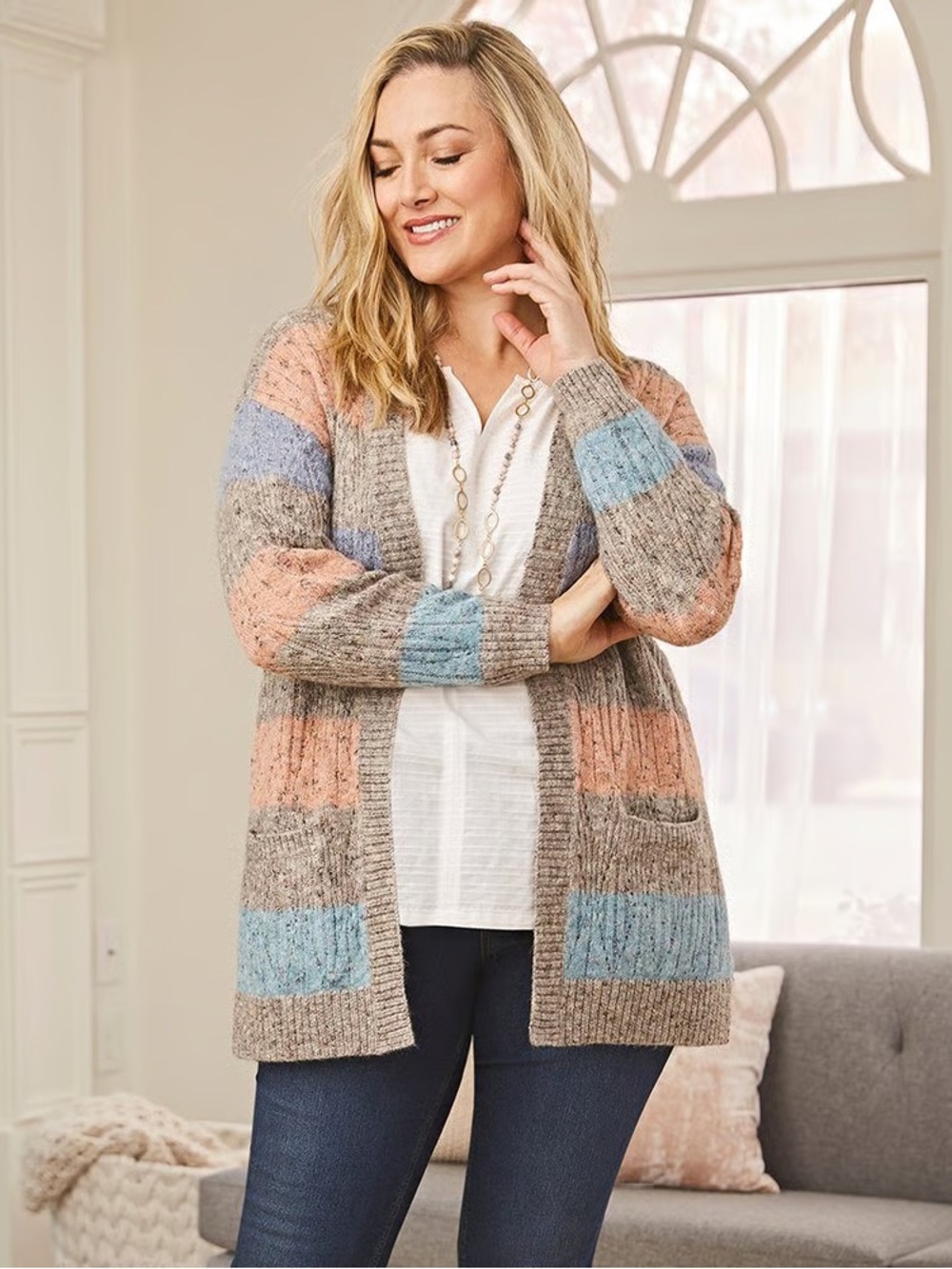 Christopher & Banks Taupe Striped Open-Front Cardigan Size 1X